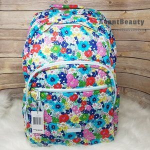 Vera Bradley Large Essential Backpack Far Out Floral BLue Green Cotton Bookbag